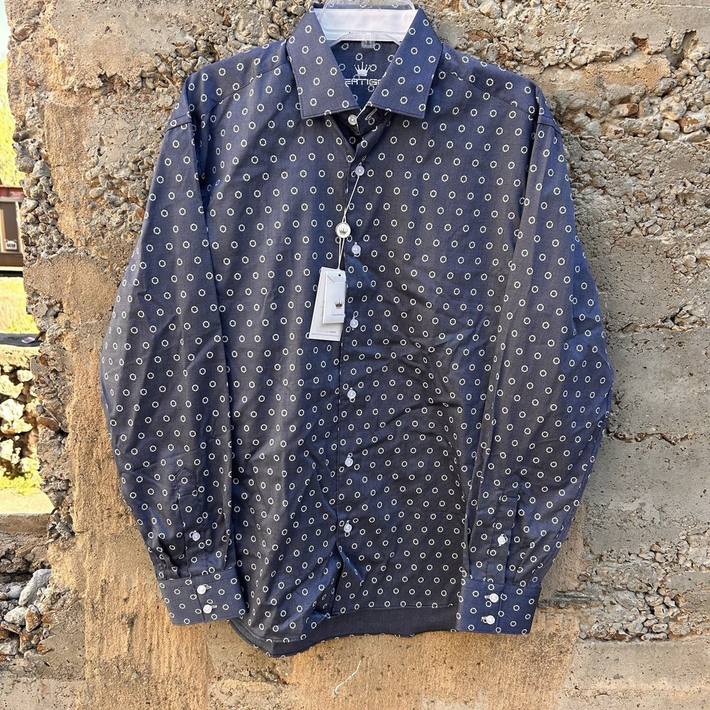 NEW Mens Bertigo Shirt Sz L EU 4) Button Down Gray Geometric Dots NWT